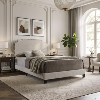 Sunvega Art Deco Inspired Queen Panel Bed with Nailhead Trim and Matte Metallic Finish