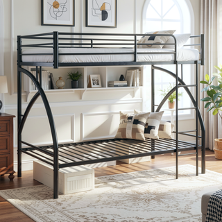 Sunvega Gray Metal Twin/Full Bunk Bed with Guard Rails and Ladder
