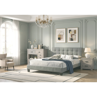 Sunvega Modern Light Gray Upholstered Tufted Headboard California King Platform Bed