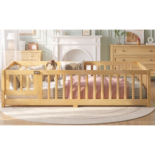 Sunvega Twin Size Floor Bed with Safety Guardrails and Door for Kids in Natural