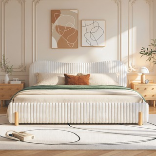 Sunvega King Size Upholstered Bed with Wavy Headboard and Clean Vertical Stitching