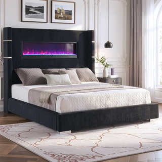 Sunvega Queen Size Upholstered Wingback Panel Bed with Black Corduroy and Flame Box