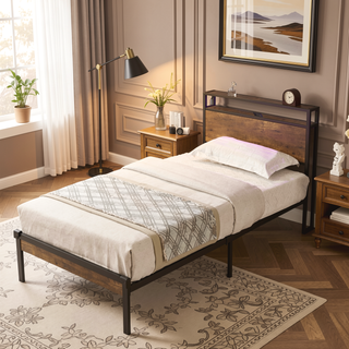 Sunvega Modern Twin Size Metal Platform Bed Frame with Wooden Headboard and USB LINER