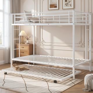Sunvega Twin over Twin Bunk Bed with Trundle in White for Small Spaces