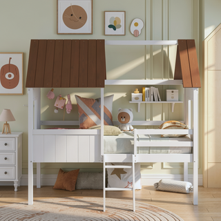 Sunvega Twin Size Low Loft Wood House Bed with Two Side Windows for Kids Playhouse