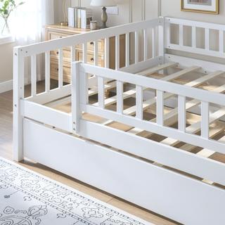 Sunvega Natural Twin Size Wood Daybed with Trundle and Fence Guardrails