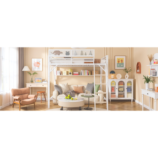 Sunvega Full Metal Loft Bed with Storage Shelf and Ladder for Kids Teens