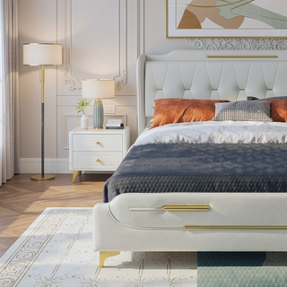 Sunvega Queen Size Leather Bed Frame with Wingback Headboard and Gold Metal Decor