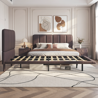 Sunvega Floating Bed Frame with Modern PU Leather Upholstery and Remote LED Lights Queen Size