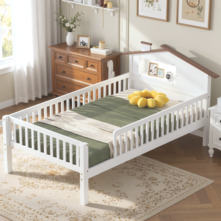 Sunvega Twin Size House Shaped Wood Platform Bed with LED and Built-in Storage