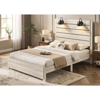 Sunvega Rustic Style Butcher Block Finish Weathered Cream White King Size Platform Bed