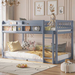 Sunvega Low Twin Over Twin Solid Wood Bunk Bed with Ladder for Kids & Juniors