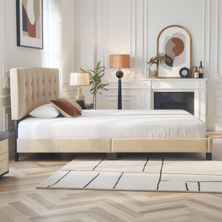 Sunvega Light Brown Velvet Upholstered Queen Platform Bed with Adjustable Height Headboard