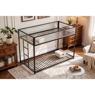 Sunvega Twin Over Twin Bunk Bed with White Mesh Guard Rail and Stable Ladder for Kids