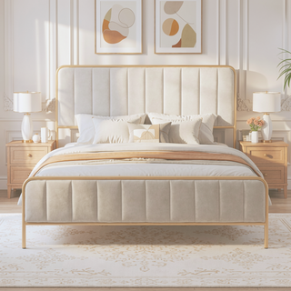Sunvega Upholstered Queen Bed Frame with Tufted Headboard and Soft Fabric