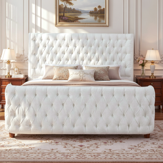 Sunvega Brooklyn King Tufted Panel Bed Headboard and Footboard Set in Caramel Tan Brown