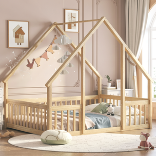 Sunvega Twin Wood House Floor Bed with Guardrail Fence in Grey