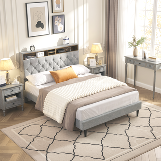 Sunvega Queen Size Upholstered Platform Bed Frame with USB Ports and Storage Headboard