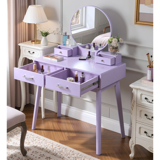 Sunvega Contemporary White Wood Vanity and Stool Set with Round Mirror