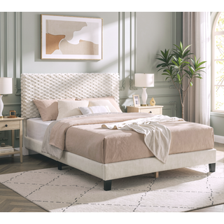 Sunvega Plush 3D Upholstered Platform Bed in White Dove with Height Adjustable Headboard