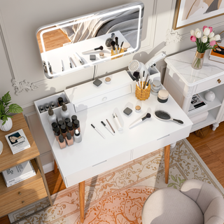 Sunvega 31.5 inch White Vanity Desk with Removable LED Mirror and 2 Drawers for Bedroom