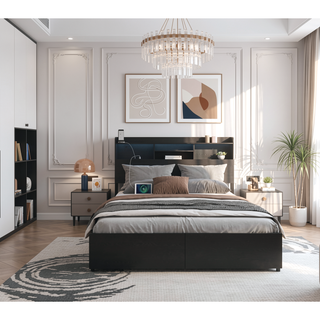 Sunvega Queen Storage Bed Frame with Headboard Charging Station and 4 Drawers