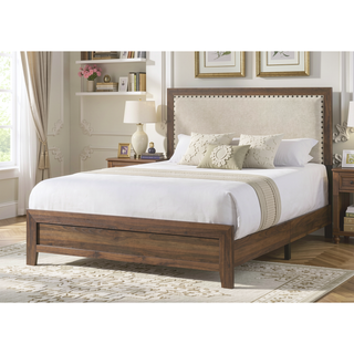 Sunvega Brown Cherry Finish Contemporary Fabric Panel Bed in One Box