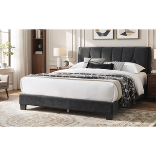 Sunvega Queen Size Upholstered Platform Bed with Floral Headboard and LED Lights
