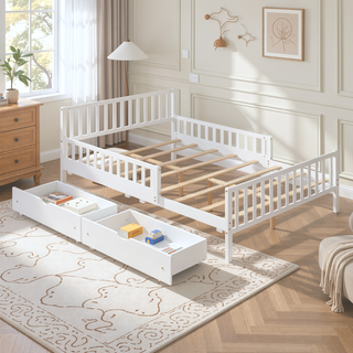 Sunvega Twin Size Walnut Wood Platform Bed with Guardrails and Two Storage Drawers