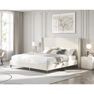 Sunvega King Beige Velvet Wingback Platform Bed with Low Profile Design