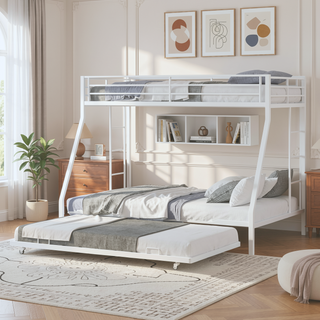 Sunvega High-Stability Square Tube Bunk Bed with Ladder & Rolling Trundle for Home Dormitory