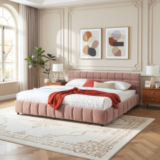 Sunvega Modern King Size Upholstered Bed with Storage Drawers and Soft Chenille Fabric