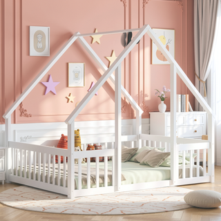 Sunvega Twin Wood House Floor Bed with Guardrail Fence in Grey