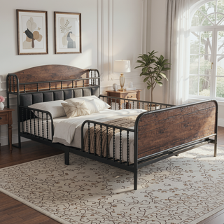 Sunvega Kids Full Metal Bed with Upholstered Headboard LED Lights and Storage