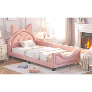Sunvega Pink Twin Upholstered Daybed with Scalloped Headboard for Kids
