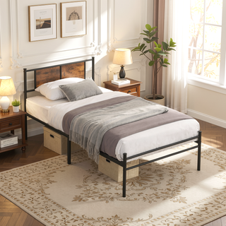 Sunvega Twin Size Metal Bed Frame with Wood Panel Headboard and Under Storage