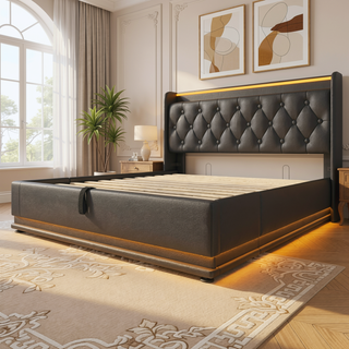 Sunvega Full Size Upholstered Bed with 360 LED Lighting Hydraulic Storage and USB Charging