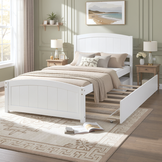 Sunvega White Twin Size Wood Platform Bed with Trundle for Maximized Space