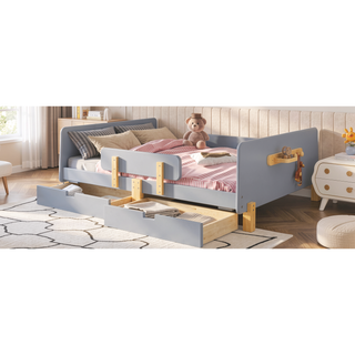 Sunvega Twin Size Solid Wood Platform Bed with Storage Drawers and Guardrail