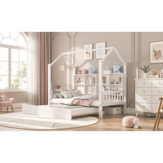 Sunvega Wooden Twin Size House Bed with Trundle and Playhouse Design Shelf