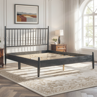 Sunvega Mid-Century Modern Design Full Platform Bed with Vertical Slats Headboard
