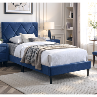 Sunvega Navy Blue Velvet Upholstered Twin Size Bed with Tufted Headboard