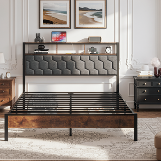 Sunvega Queen Bed Frame with Vintage Shelf Headboard and USB Charging Station