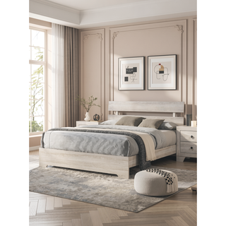 Sunvega Rustic Contemporary Platform Bed Frame with White Wash Finish and Slat Headboard