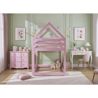 Sunvega Rubber Wood Twin over Twin Bunk Bed with Ladder and Guardrails