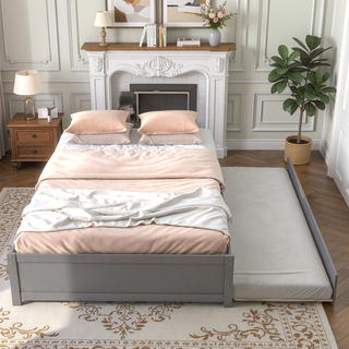 Sunvega White Twin Trundle Bed with Storage Headboard and Bookcase