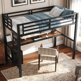 Sunvega Metal Twin XL Loft Bed with Desk, USB, LED Light, and Power Outlet