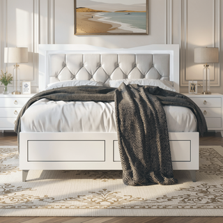 Sunvega Contemporary White Queen Size Platform Bed with LED Light Headboard