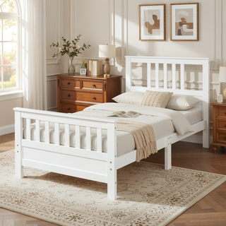 Sunvega White Wood Platform Bed with Headboard Footboard and Slat Support