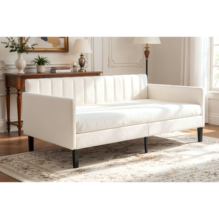 Sunvega Twin Size Beige Velvet Upholstered Daybed with Ribbed Tufted Backrest